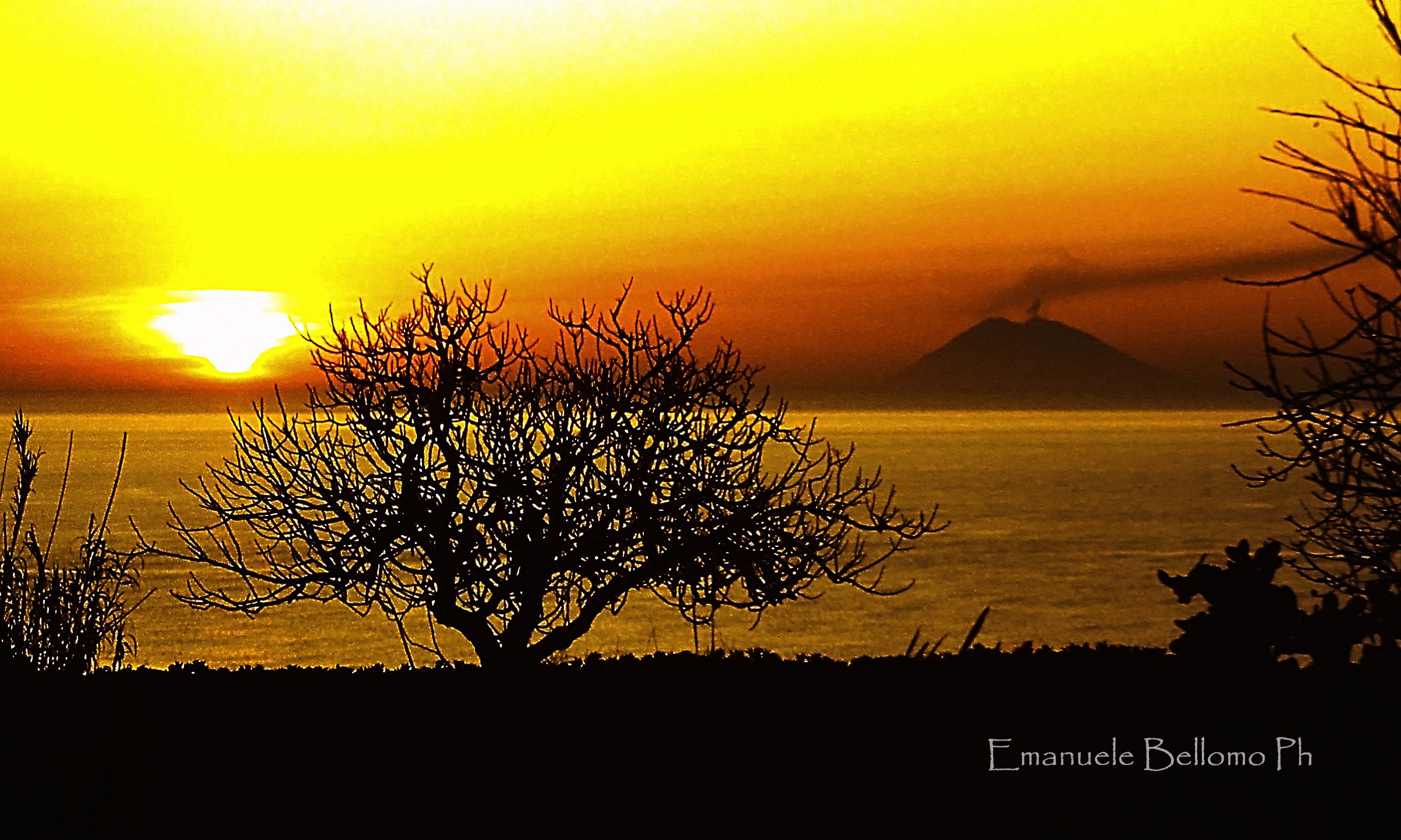Sunset over the volcano Stromboli...