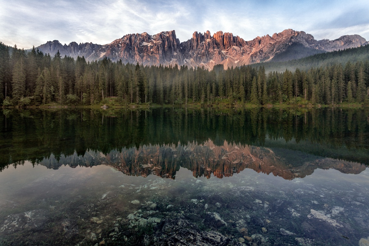 The Latemar, which is mirrored in the lake Carezza...