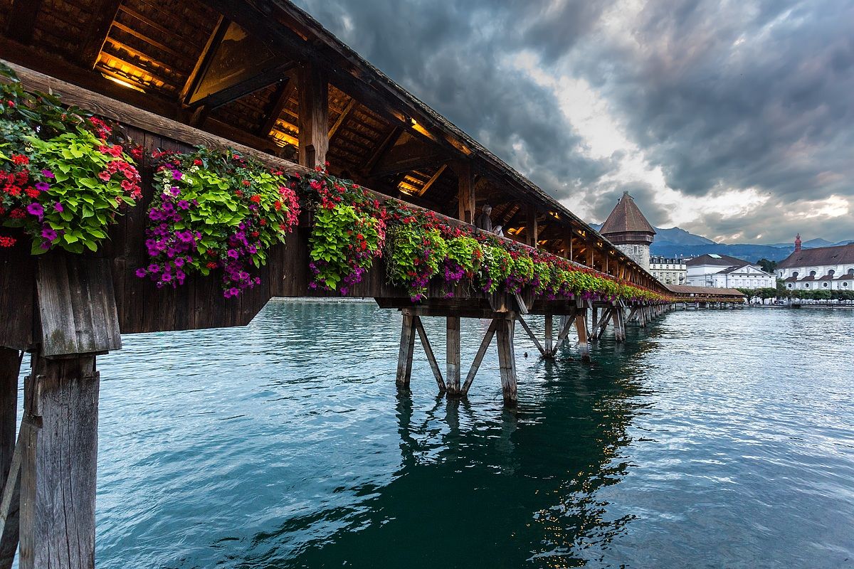 Switzerland, Lucerne, wooden bridge...