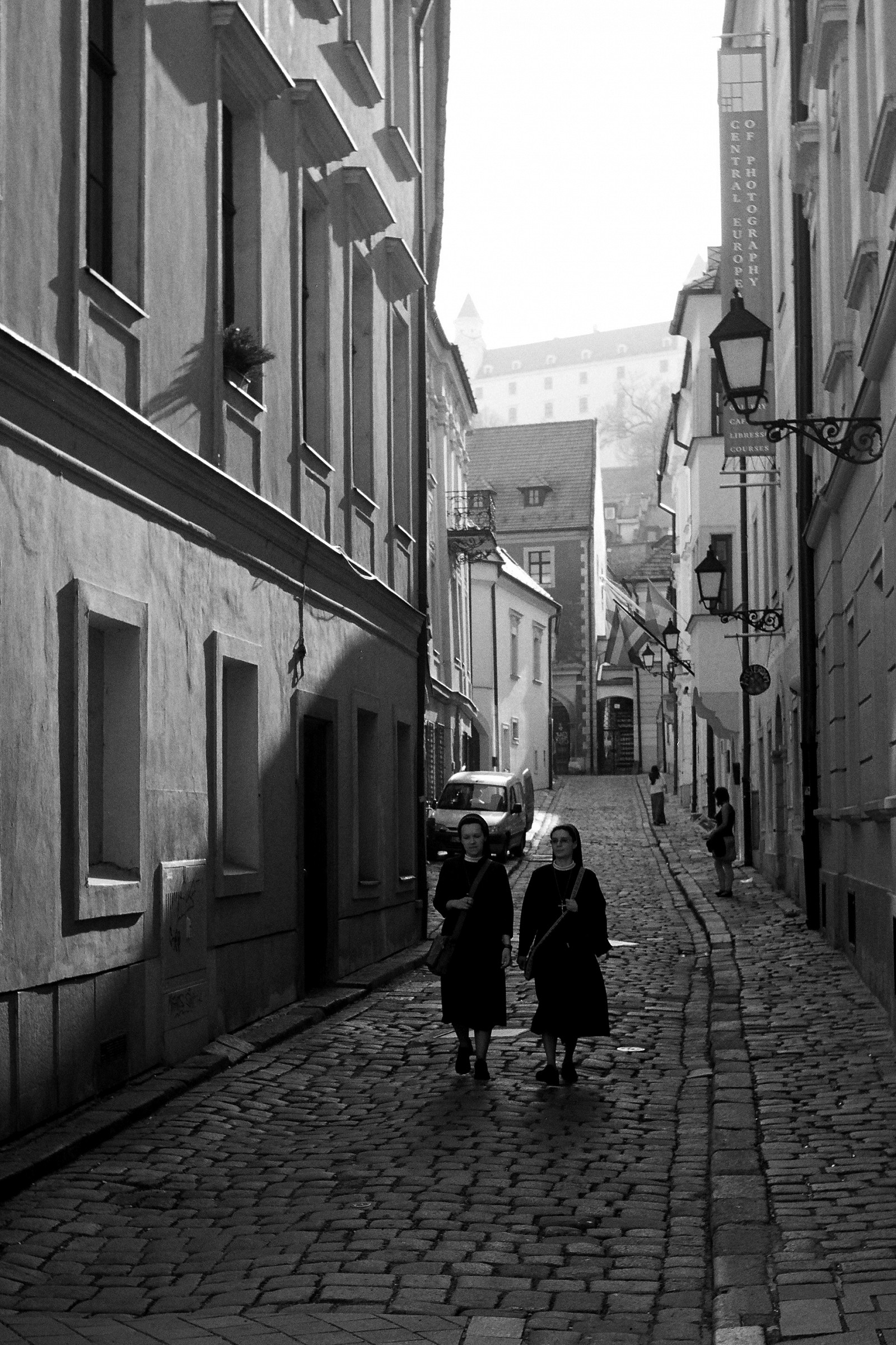 Narrow street under castle in Bratislava, Slovakia...