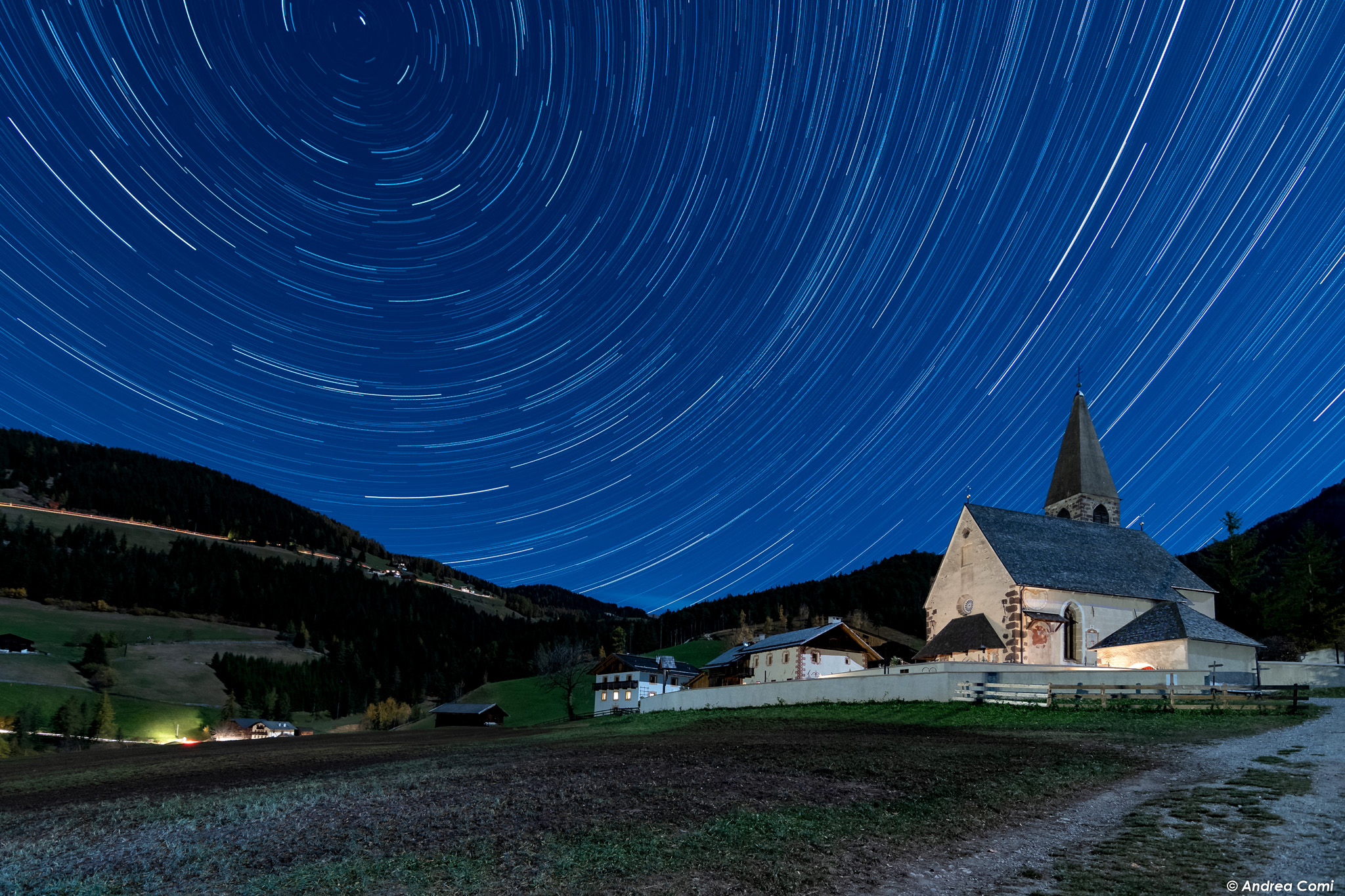 Rain of stars in Val di Funes-Church of St. Magdalena...