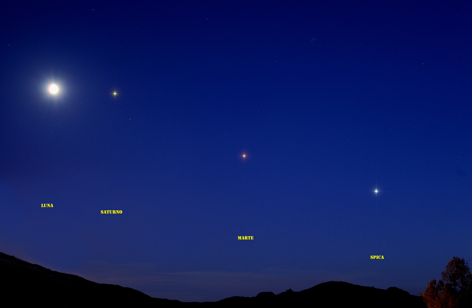 Alignment Moon, Saturn, Mars and Spica of August 4, 2014...