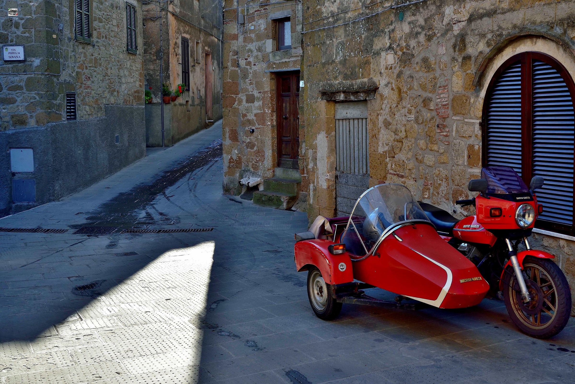 Sidecar in the village...