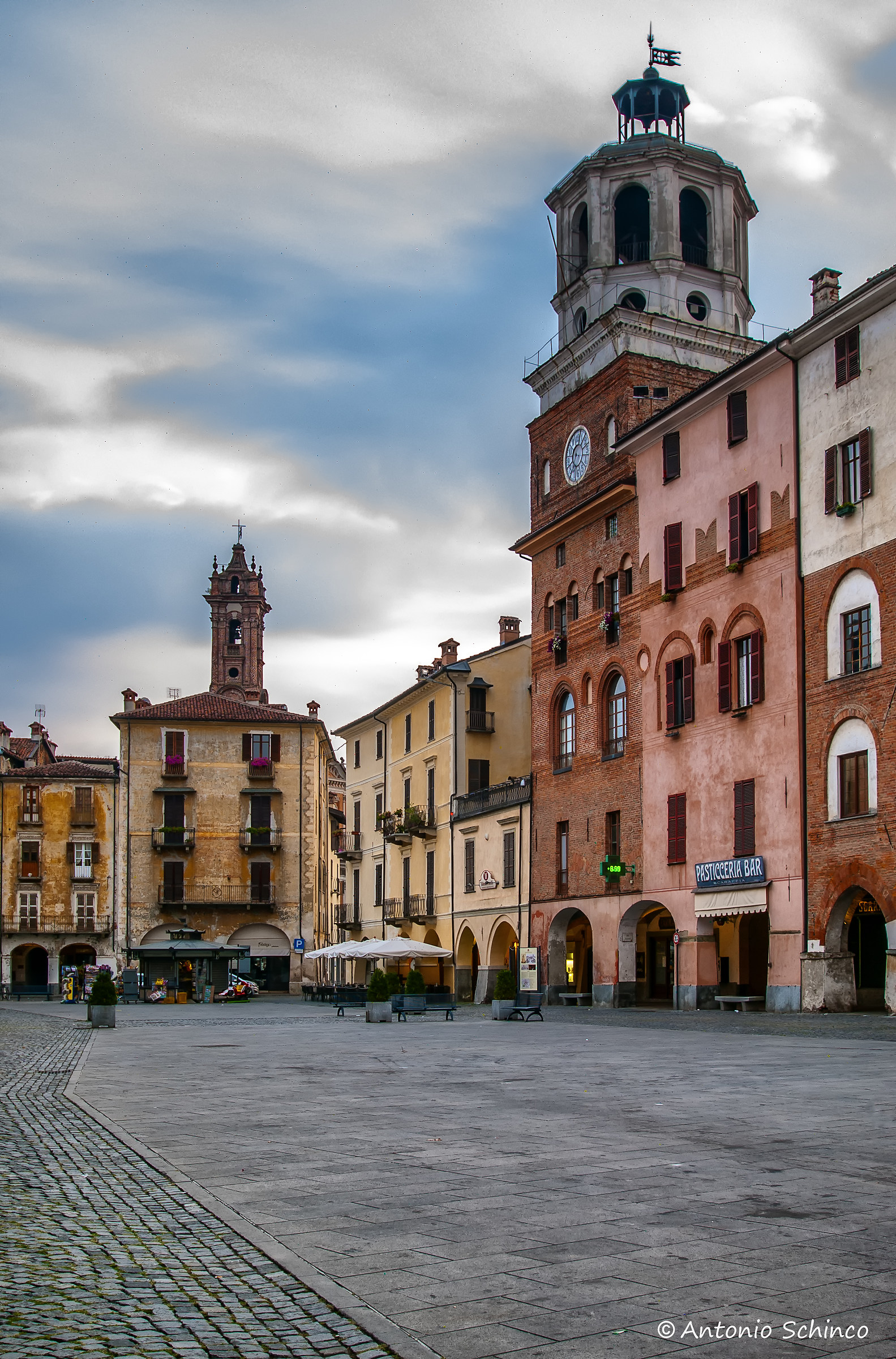 savigliano (cn) and its municipal tower santarosa Square...