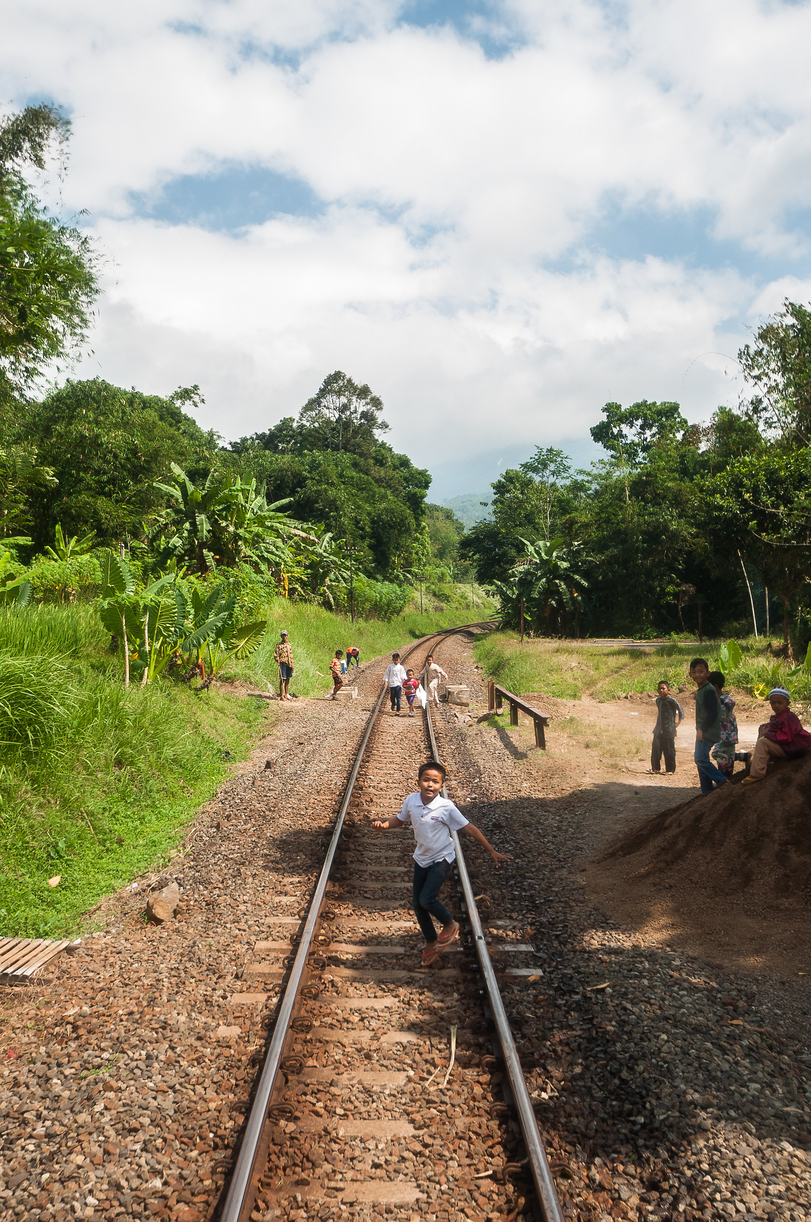 Children run the train...