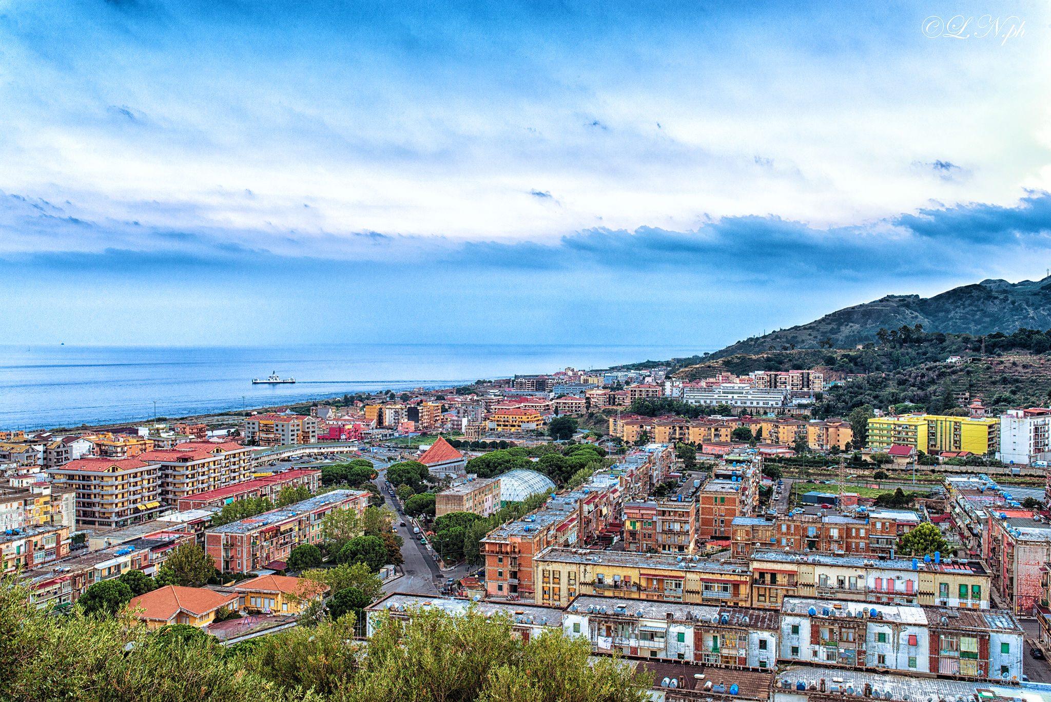 Panorama of the south and the port of Messina tremestieri...
